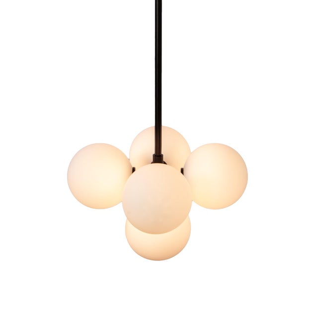 Metal Bunch Pendant, Black, 44in H, Modern, 5 Inch Glass Globes, by Research.Lighting, Modern, Minimal Hanging Light For Sale - Image 7 of 8