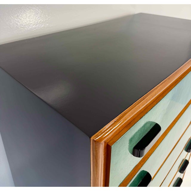 Italian Chest of Drawers in Emerald Green Parchment and Walnut with Black Details, 1950s For Sale - Image 12 of 15
