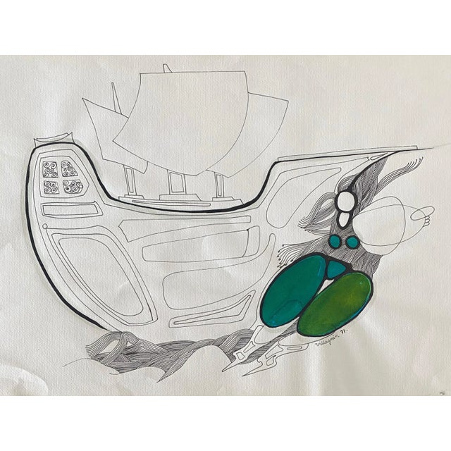 Surrealism Armando Villagran, Surrealist Latin American Mixed Media - Woman In Green Pants With Ship, 1971 For Sale - Image 3 of 9