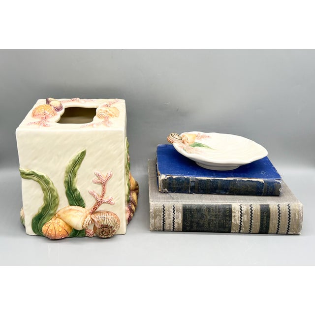 Charming vintage Fitz & Floyd ceramic bathroom set from the Oceana / Home Fragrance collection, featuring a tissue box...