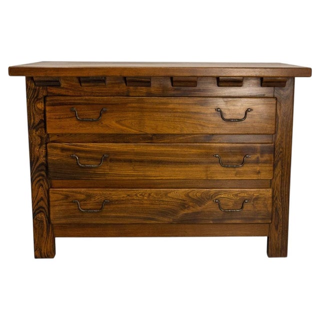 Commode brutalist style, French chest of drawers, circa 1970 Elm and wrought iron made by the designer Aranjou renomed for...