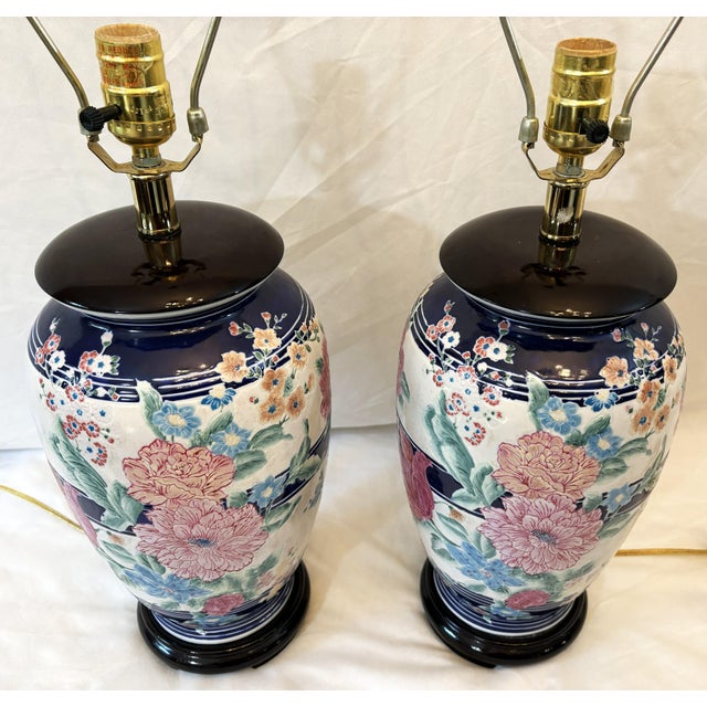 Shabby Chic Vintage Ceramic Vase Lamps With Elegant Floral Design on Wood Plinths- A Pair For Sale - Image 3 of 12