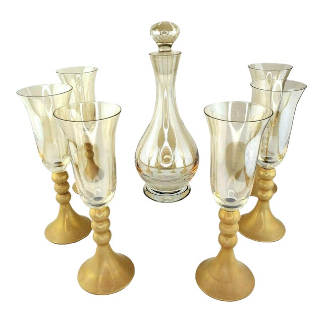 Late 20th Century Bombay Glass Decanter Set 6 Glasses Gold Frosted Stems Made in Poland For Sale