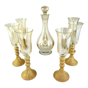 Late 20th Century Bombay Glass Decanter Set 6 Glasses Gold Frosted Stems Made in Poland