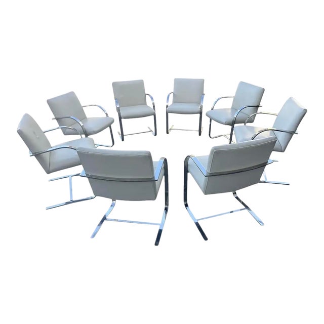 Set of 8 in the Style of Mies Van Der Rohe / Knoll Flat Bar Brno Arm Chairs For Sale