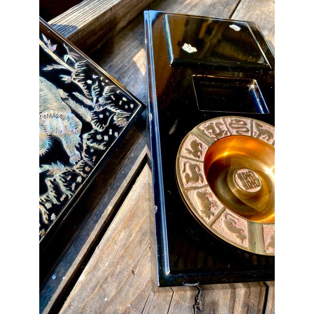 Tiger Smoking Box & Ashtray Set Circa 1950 Korean Black Lacquer Mother-of-Pearl For Sale - Image 13 of 18