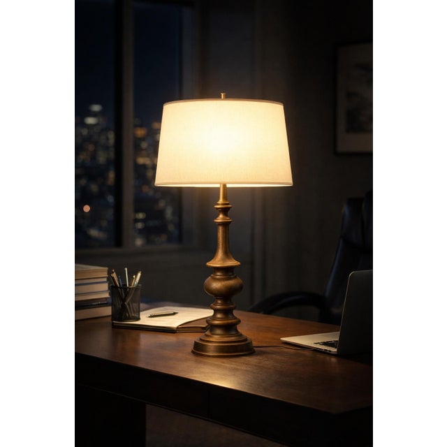 Linen Antique Bronze Finish With Linen Drum Shade Heavy Cast Metal Table Lamp– 32” Tall, 3-Way Switch For Sale - Image 8 of 8