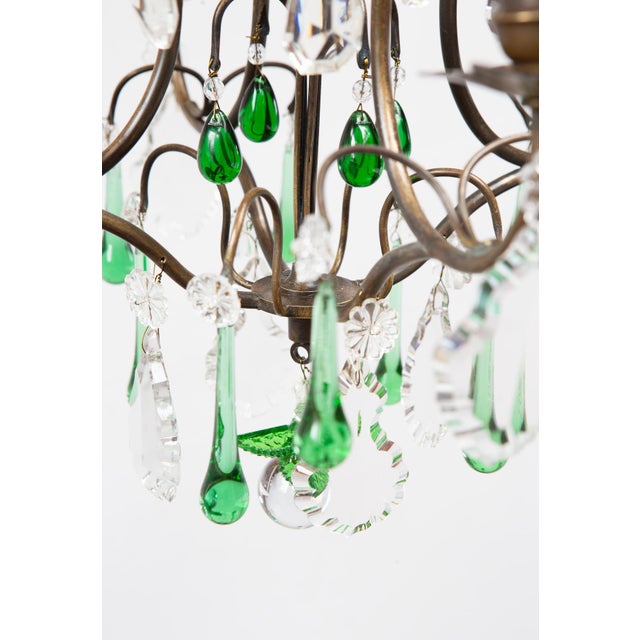 Metal French Chandelier in Brass with Green Crystals, 1920s For Sale - Image 7 of 10