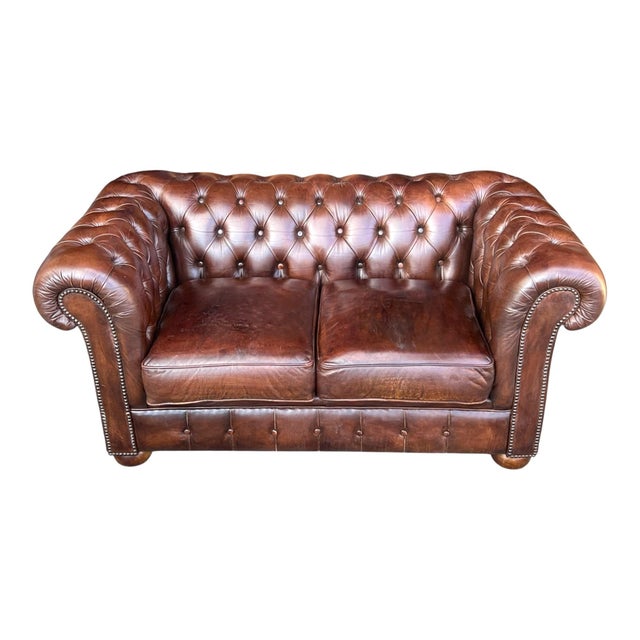 English Love Seat Vintage Chesterfield Leather For Sale - Image 13 of 16