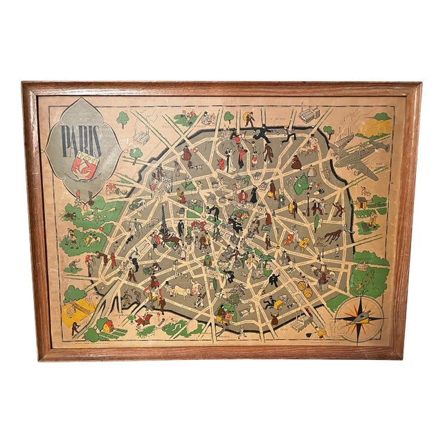 Paris Art Deco Cartoon Style Map From 1949 For Sale