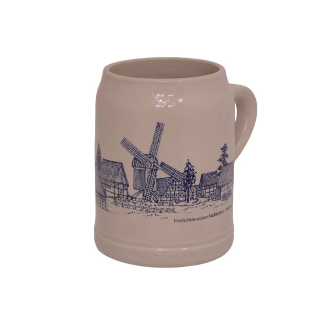 Vintage German iron stone stein featuring a blue rendering of a farm house museum imprinted with "Freilichtmuseum...