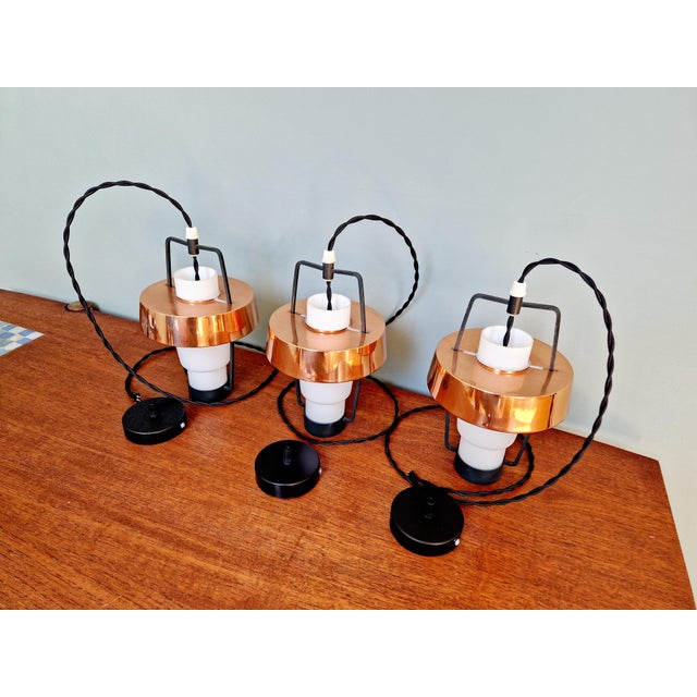 Scandinavian Pendant Lights in White Opaline and Copper Metal, 1960s, Set of 3 For Sale - Image 11 of 18