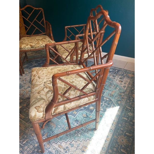 Set of 4 Vintage Faux Bamboo Chippendale Style Armchairs For Sale - Image 4 of 10