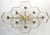 Italian midcentury flush mount with eight clear Murano glass shades mounted on solid brass frame in satin brass finish /...