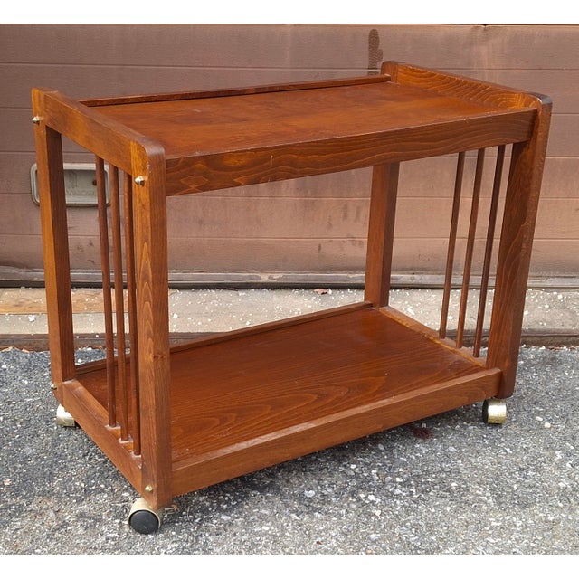 Brown Late 20th Century American Classical Oak Tiered Rolling Bar Cart For Sale - Image 8 of 9