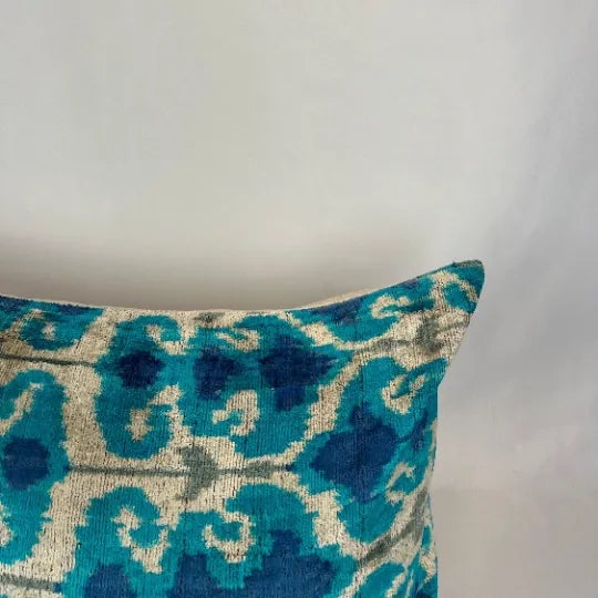 Modern Turkish Modern Blue Velvet Silk Ikat Pillow Cover For Sale - Image 3 of 5