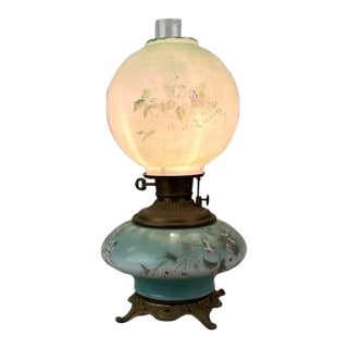 Antique Victorian Electrified "Gone With the Wind" Hurricane Lamp With Hand-Painted Floral Globe, C. 1895 For Sale