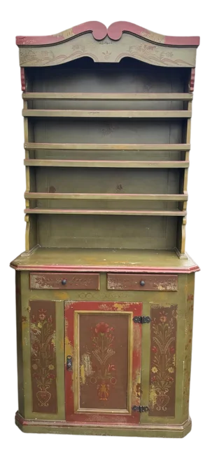 Primitive Country Style Paint Decorated Step Back Cupboard