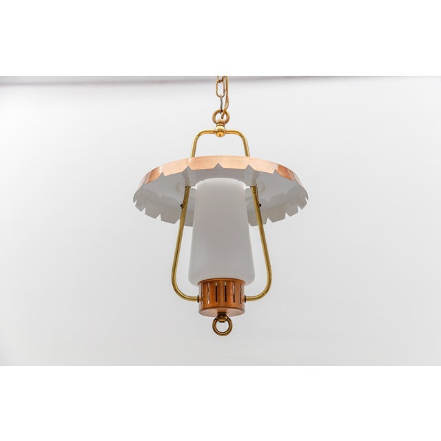 Copper Mid-Century Modern Ceiling Lamp in Copper, Brass, and Opaline Glass, 1950s For Sale - Image 8 of 13