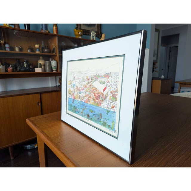 1980s 1987 Pencil Signed Bruce Johnson Whimsical Ice Fishing Print "The Augernauts" Framed For Sale - Image 5 of 9