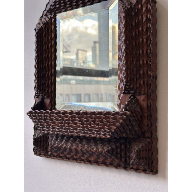 Antique Geometric Chip Carved Wall Pocket / Comb Box With Beveled Glass Mirror, Circa Late 19th Century For Sale - Image 11 of 17