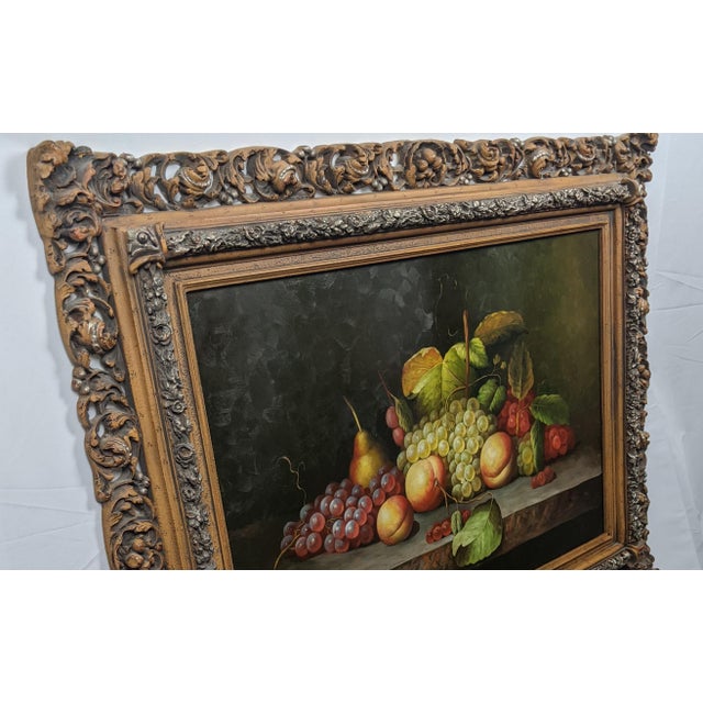 Brown Late 20th Century Large Hand-Painted Traditional Fruit Still Life Oil on Canvas in Ornate Carved Frame For Sale - Image 8 of 16