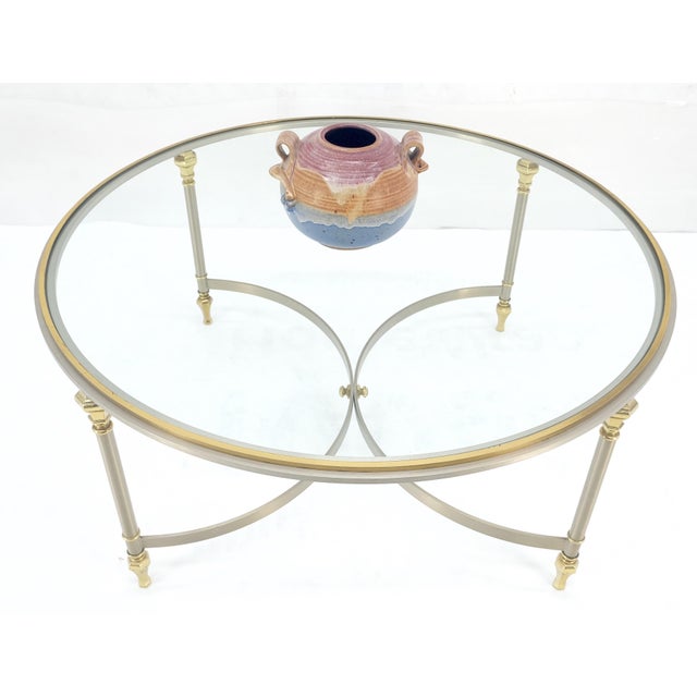 Italian Round 38" Brushed Chrome & Brass Bezel & leg Glass Top Coffee Table For Sale - Image 9 of 12