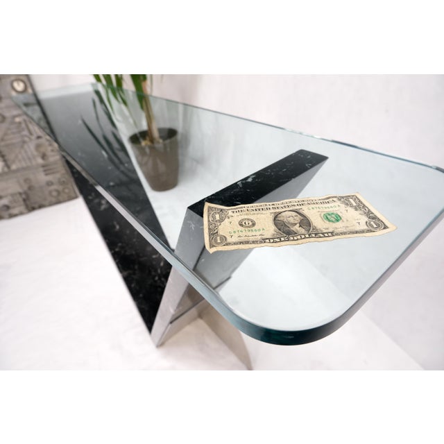 Mid-Century Modern Late 20th Century V Shape Marble Base Thick Glass Top Modern Custom Design Console Table For Sale - Image 3 of 12