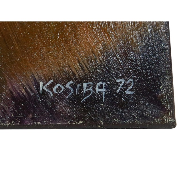 1970s Vintage Original Marek Kossiba Oil on Linen Titled "Masks" Signed and Dated 1972 For Sale - Image 5 of 9