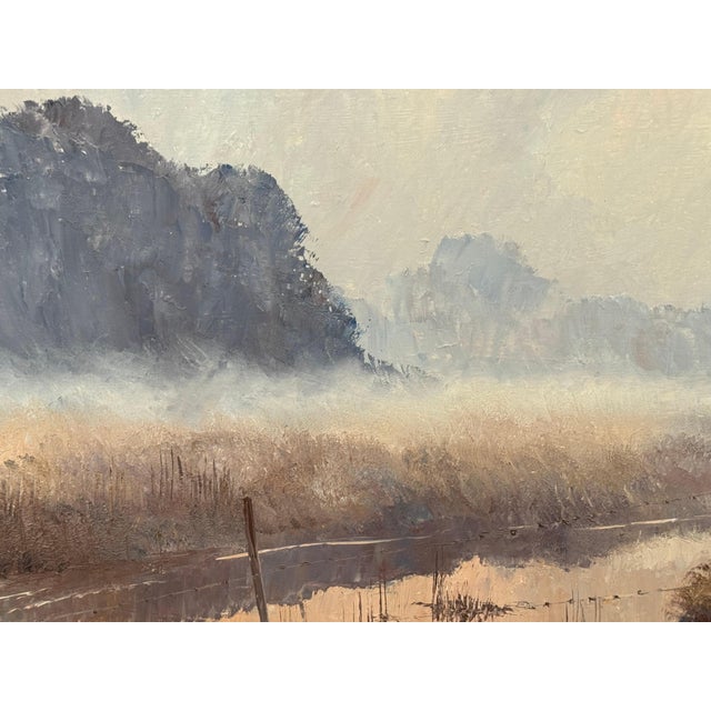 A serene river landscape at dawn with misty trees and soft, warm morning light 1987 Circa For Sale - Image 9 of 18