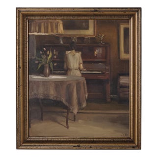 Interior Painting Lady at the Piano in Gilt Frame from the 1930s For Sale