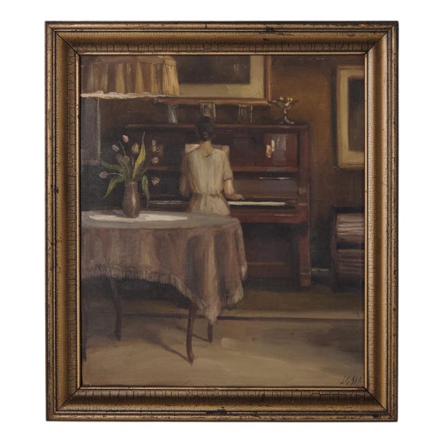 Interior Painting Lady at the Piano in Gilt Frame from the 1930s For Sale