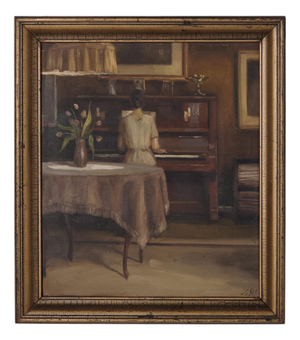 Interior Painting Lady at the Piano in Gilt Frame from the 1930s