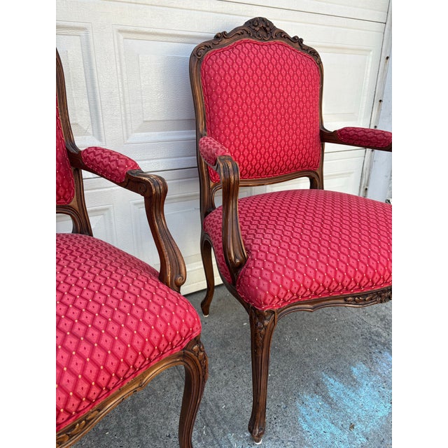 Mid 20th Century Vintage French Louis XV Style Armchairs | Pair Vintage Accent Chairs | Upholstered Bergere Chairs | Carved Wood Living Room Seating For Sale - Image 5 of 11
