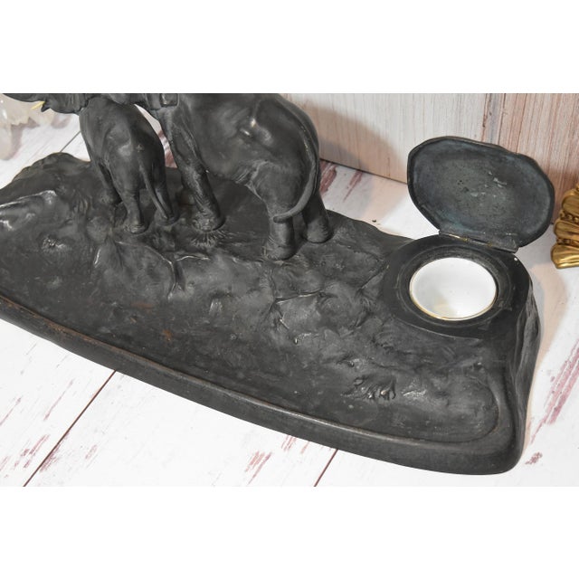 Late 19th Century Victorian Bronze Elephant Desk Pen Holder With Inkwell Signed Austria For Sale - Image 5 of 18