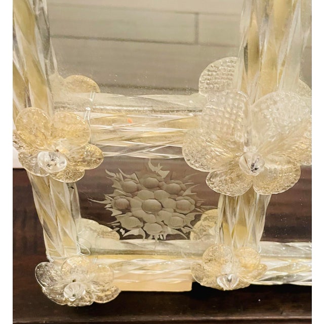 Wood Vintage Italian Murano Glass Venetian Wall Mirror With Floral Engravings & Gold Accents For Sale - Image 7 of 12