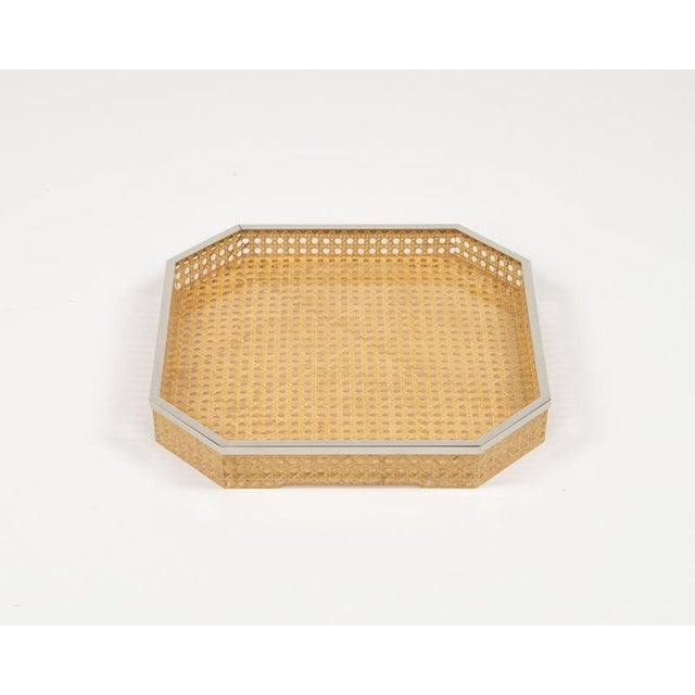 Midcentury amazing octagonal serving tray or centerpiece in lucite, wicker and chrome in the style of Christian Dior Home....