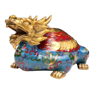 Late 20th Century Gilt Bronze Cloisonné Enamel Dragon-Turtle Figure With Coin Motif For Sale