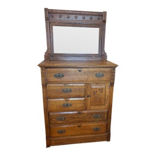 Victorian Early 1900s Oak Chest of Drawers, Highboy, Dresser With Mirror For Sale