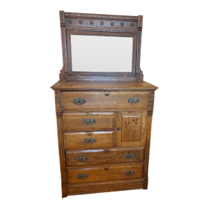 Victorian Early 1900s Oak Chest of Drawers, Highboy, Dresser With Mirror