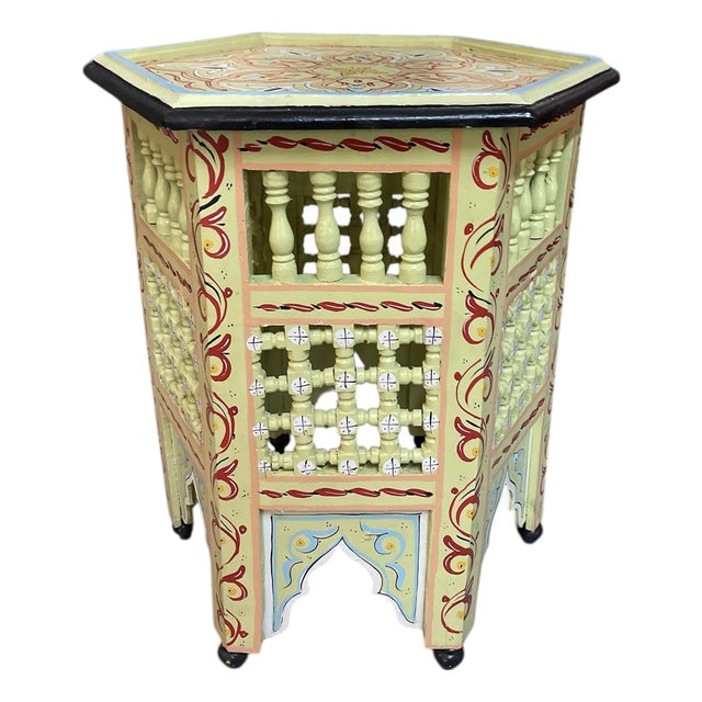 Hand-Painted Moroccan Hexagonal Side Table – "Zouaq" Style For Sale