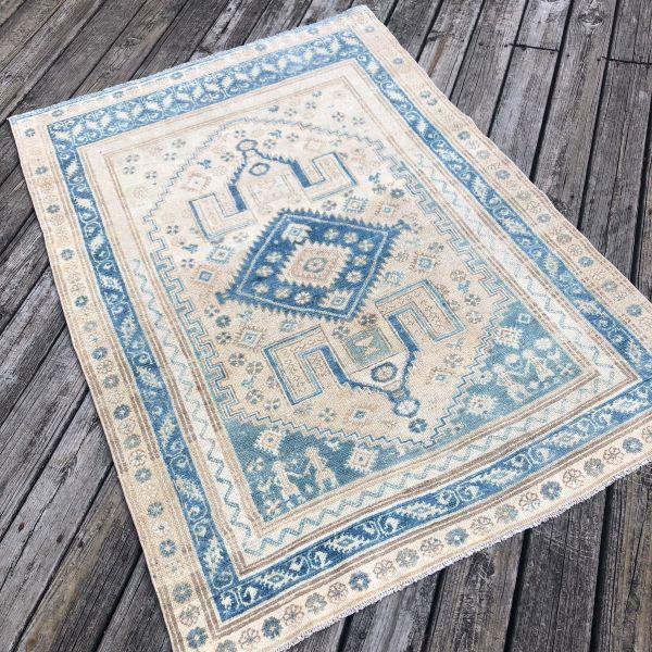 1920s Antique Rug | Soft Blue & Ivory Geometric Design | 4'1" X 5'9" For Sale - Image 5 of 6