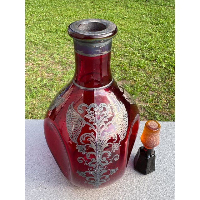 Ruby Red 1930s Bohemian 10" Ruby Red Decanter Victorian Sterling Silver Overlay For Sale - Image 8 of 11