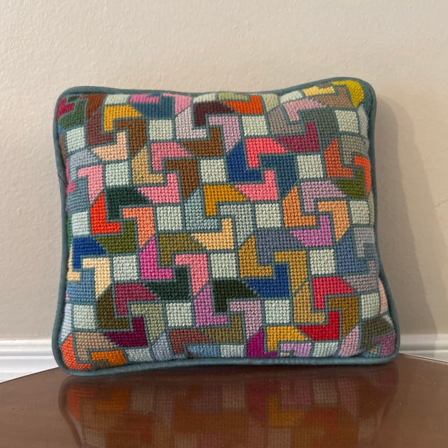 Very unusual style midcentury OP art hand knitted needlepoint pillow, very unusual with great details