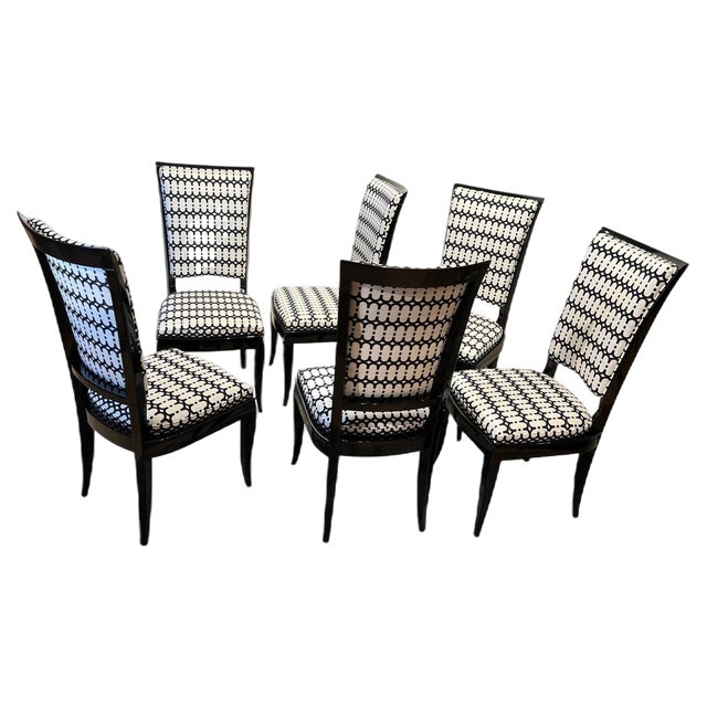 High Back Black Lacquered Dining Chairs, Set of 6 For Sale