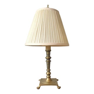 1990s Brass Candlestick Accent Lamp With Claw Feet Base and Pleated Shade For Sale