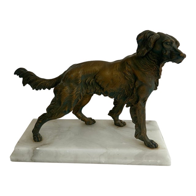 Early 1900s English Golden Retriever Bronze Dog Figurine Mounted on Italian Marble Plinth For Sale