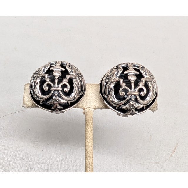 1970s Vintage 1972 Signed Napier Silvertone Round Domed Griffin Clip Earrings-2 Pieces For Sale - Image 5 of 8