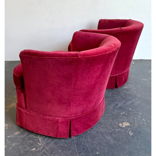 Late 20th Century Vintage Custom Red Velvet Swivel Chairs - A Pair For Sale - Image 5 of 12