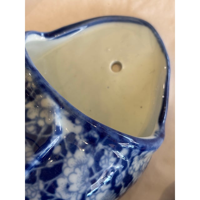 Pair of Blue and White Glazed Ceramic Floral Wall Pockets For Sale - Image 9 of 10